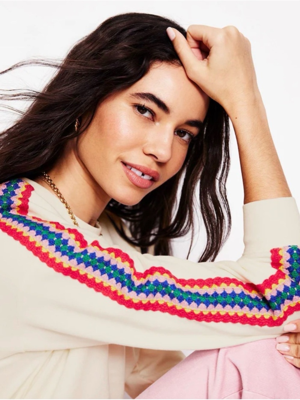 Boden Cream Sweatshirt with Rainbow Crochet Stripe